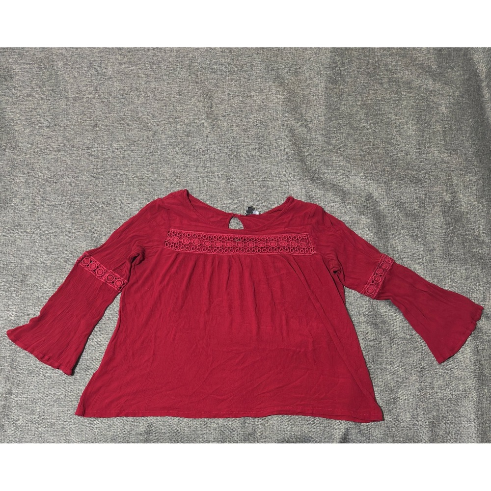 Absolute Angel Women's 2X Blouse Red Crochet Lace Bell Sleeve Keyhole Back